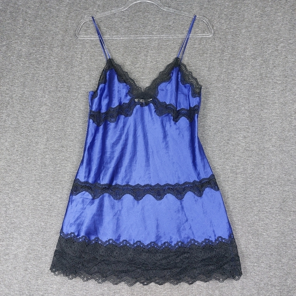 VICTORIA’S SECRET WOMENS VINTAGE BLUE BLACK LACE SLIP DRESS NIGHTGOWN LINGERIE M
